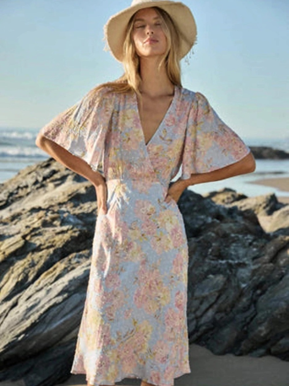 Auguste The Label Floral V-Neck Midi Dress in Blue & Pink